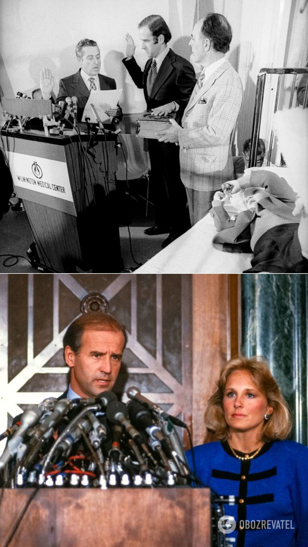 Байден віддає сенаторську присягу в лікарні, де одужує його син Бо, січень 1973-го; Байден оголошує, що виходить із президентської гонки 1987 року, праворуч його дружина Джилл