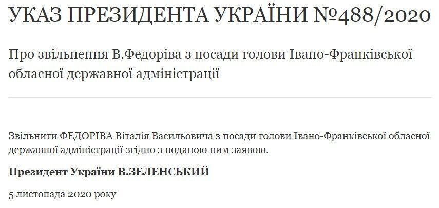 Указ об увольнении Виталия Федорива.