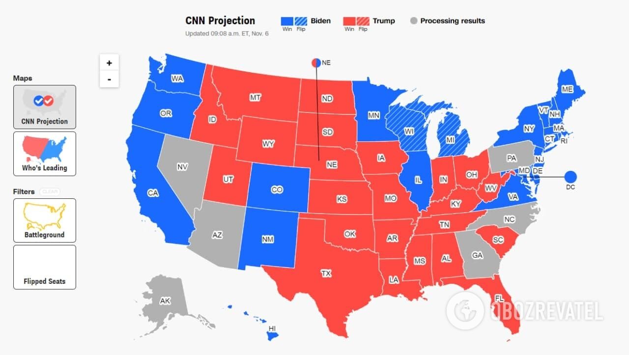 Скриншот инфографики по американским выборам с сайта CNN