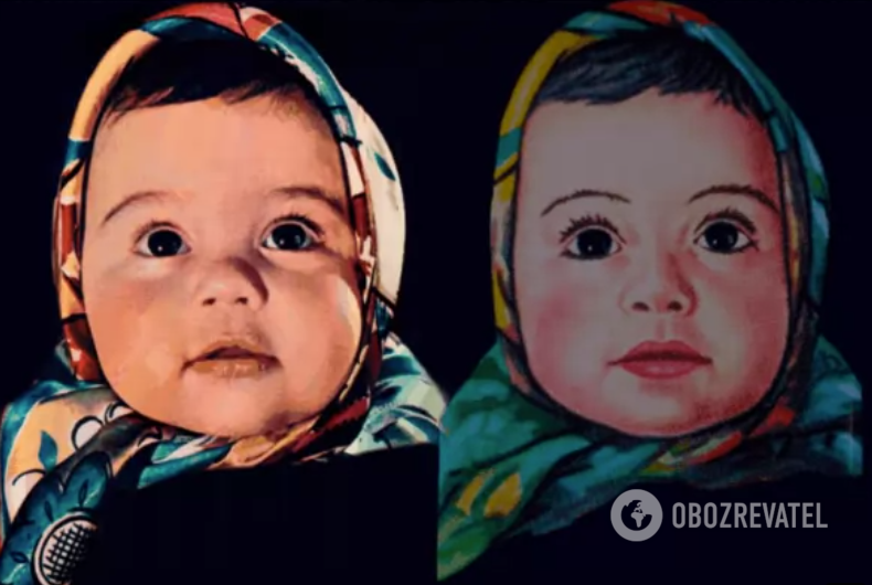 Порівняння фото маленької Олени Герінас і зображення на шоколадці "Оленка" в СРСР