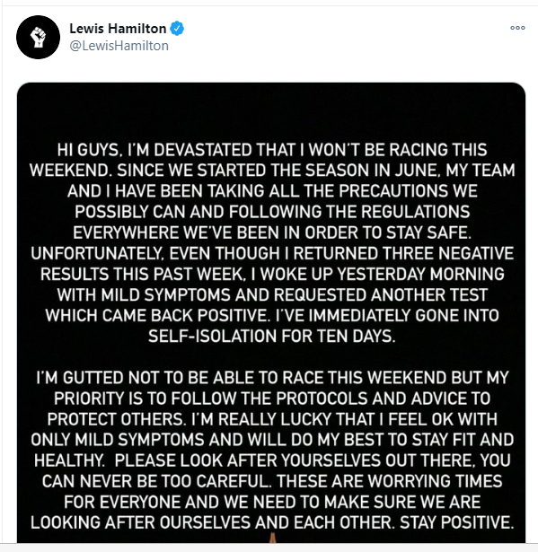Чемпион Формулы-1 Хэмилтон заразился коронавирусом и рассказал о своем состоянии