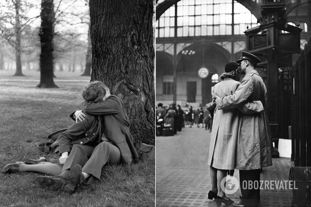Английский солдат наслаждается поцелуем, 1945 год; отправление солдат на железнодорожном вокзале Пенн в Нью-Йорке, апрель 1943 года