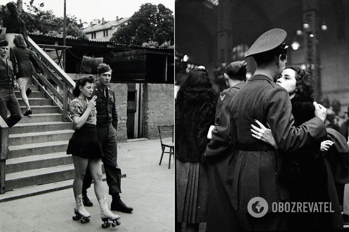 Молода жінка на роликових ковзанах і її солдат, 1940 рік; прощання із солдатами, квітень 1943 року