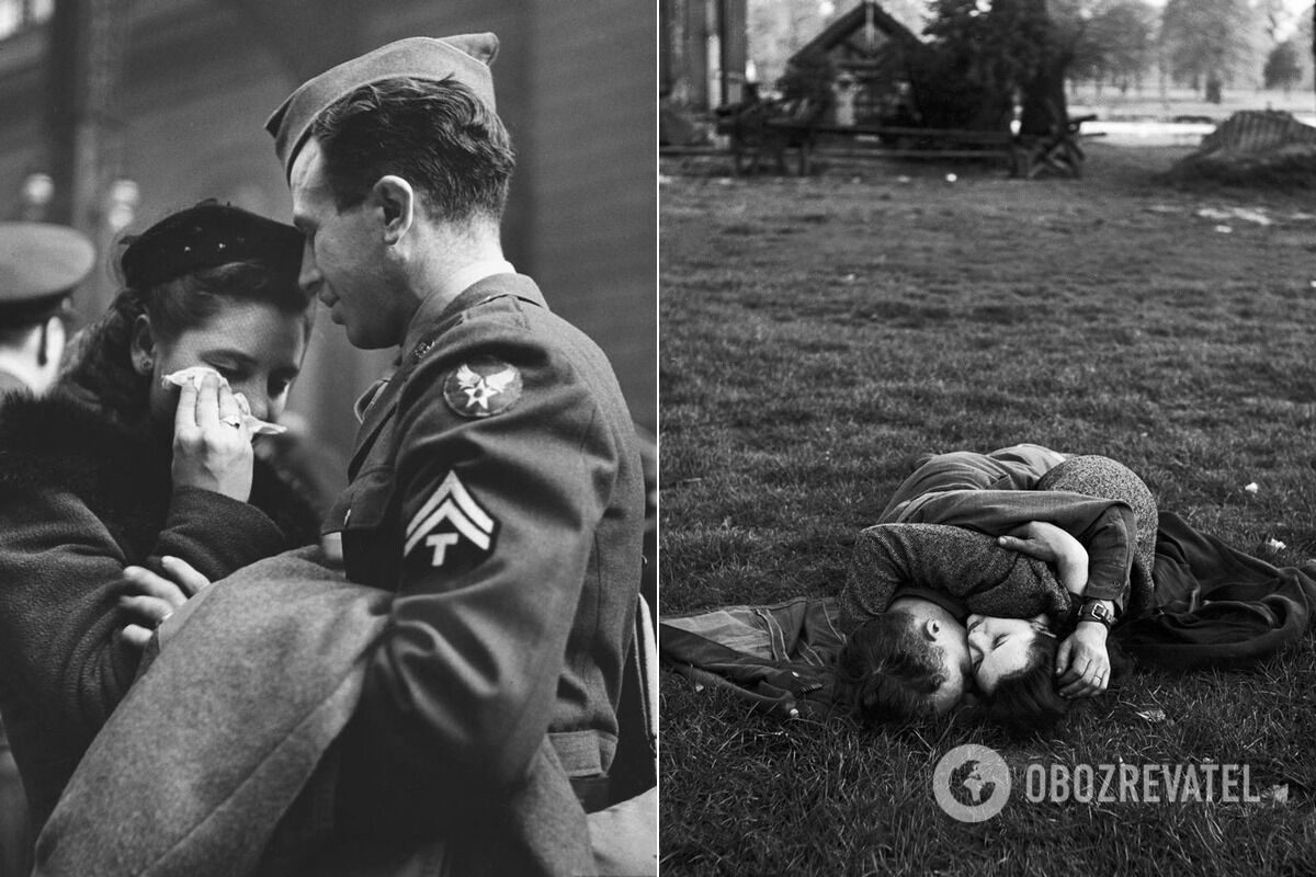 Прощание с солдатами, апрель 1943 года; американский солдат целует свою английскую подругу на лужайке в Гайд-парке, 1945 год