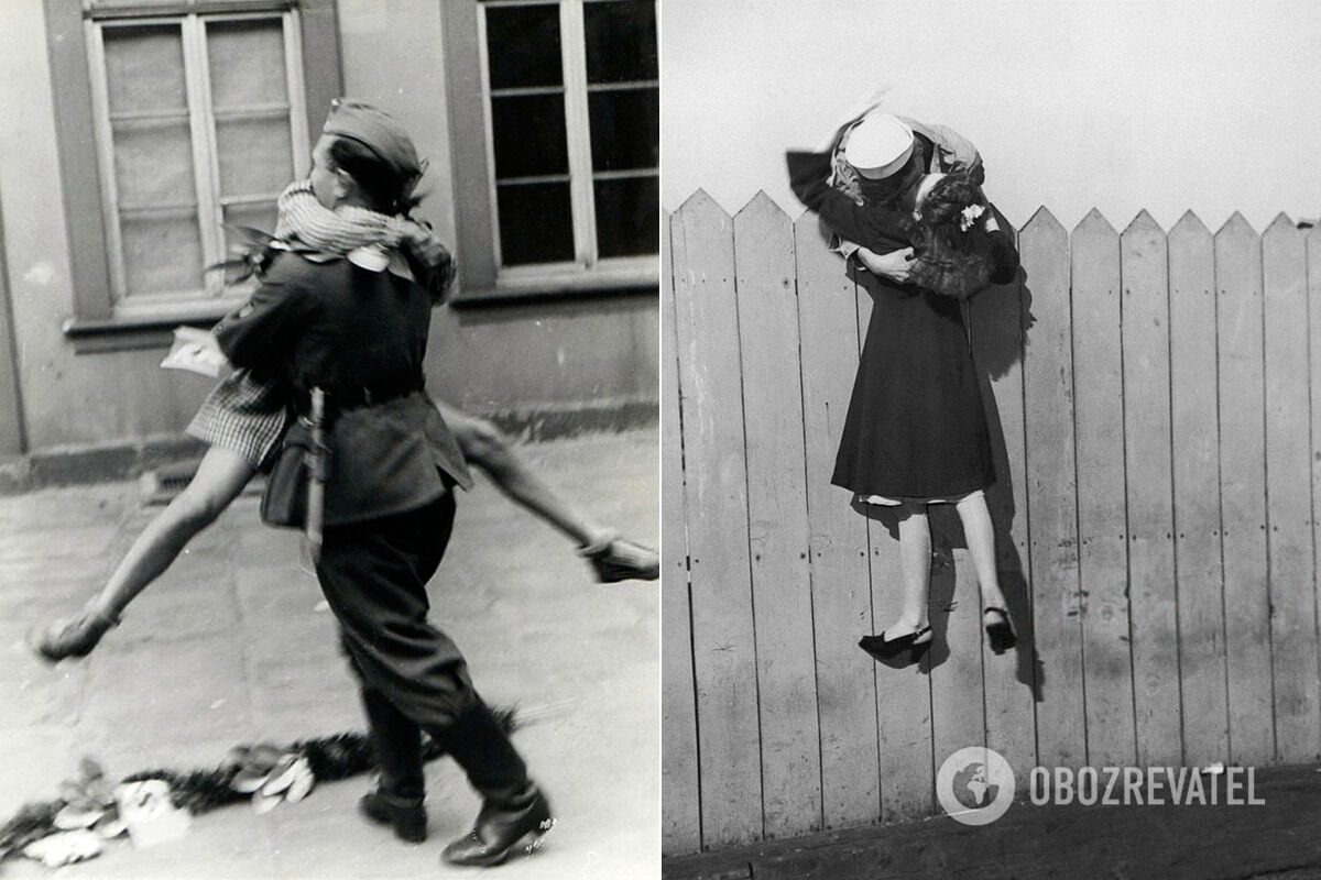 Солдат возвращается домой с войны, 1940-е; моряк наклоняется над забором и поднимает свою подругу для поцелуя, 1945 год