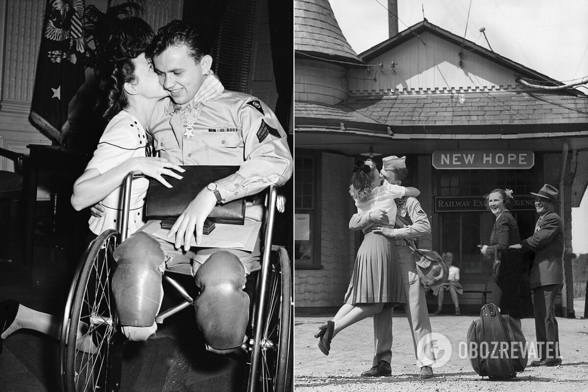 Жан Мур опускается на колени и целует ее жениха – ветерана Второй мировой войны Ральфа Неппела, прикованного к инвалидной коляске, 1945 год; молодая женщина поднимает ноги, обнимая и целуя американского солдата на вокзале, 1945 год