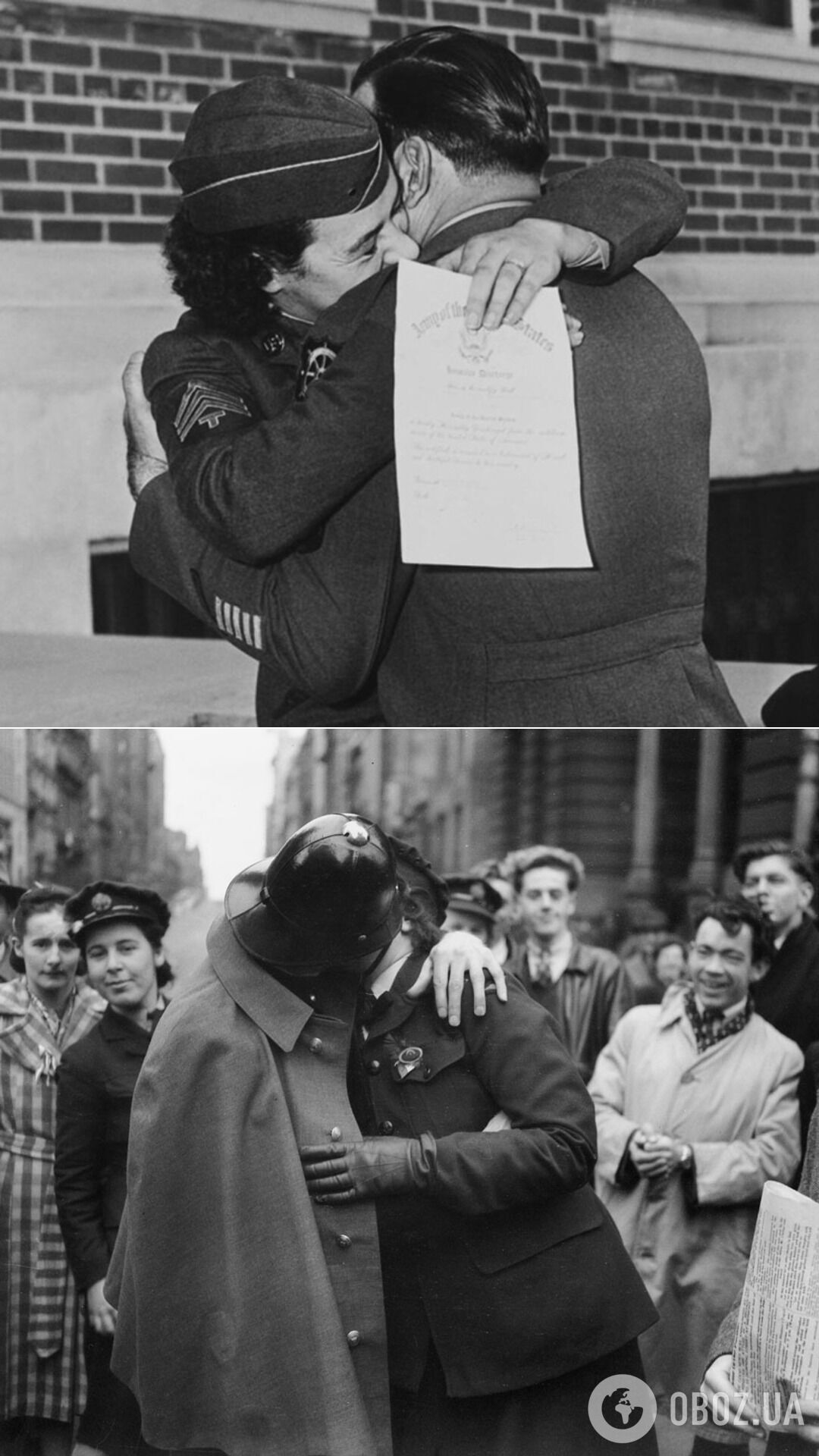 Дівчина цілує свого чоловіка після його звільнення 1 січня 1945 року; поцілунок перемоги, 1945 рік