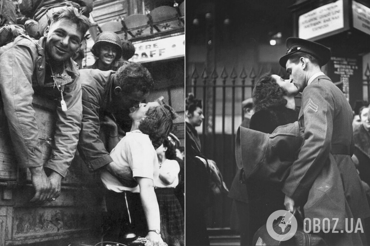 Американський солдат цілує французьку дівчину на велосипеді під час звільнення Парижа, 1944 рік; поцілунок перемоги, 1945 рік