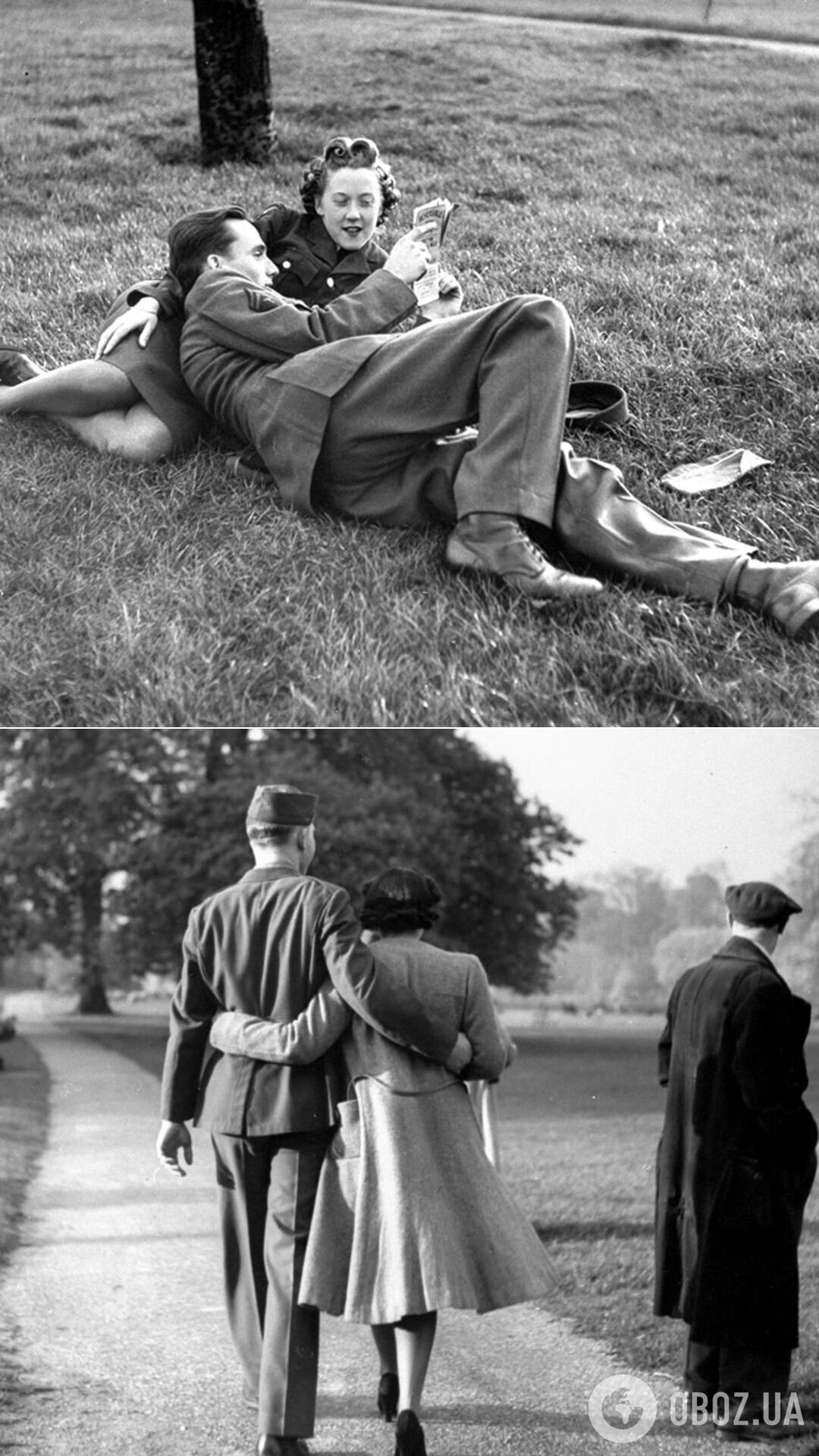 Пара отдыхает в Гайд-парке, 1945 год; прогулка в Гайд-парке, 1945 год