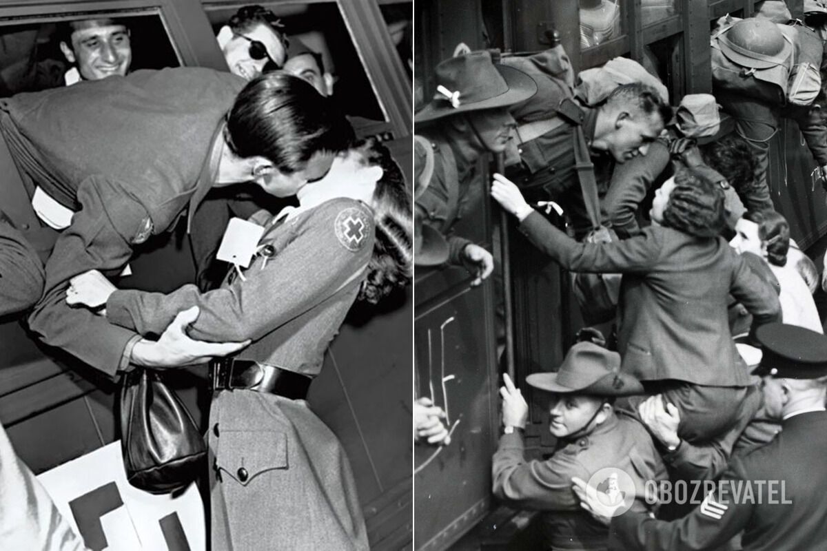 Солдат целует медсестру Красного Креста, 1945 год; девушка взбирается, чтобы попрощаться с солдатом, уходящим на Вторую мировую войну, 1940 год