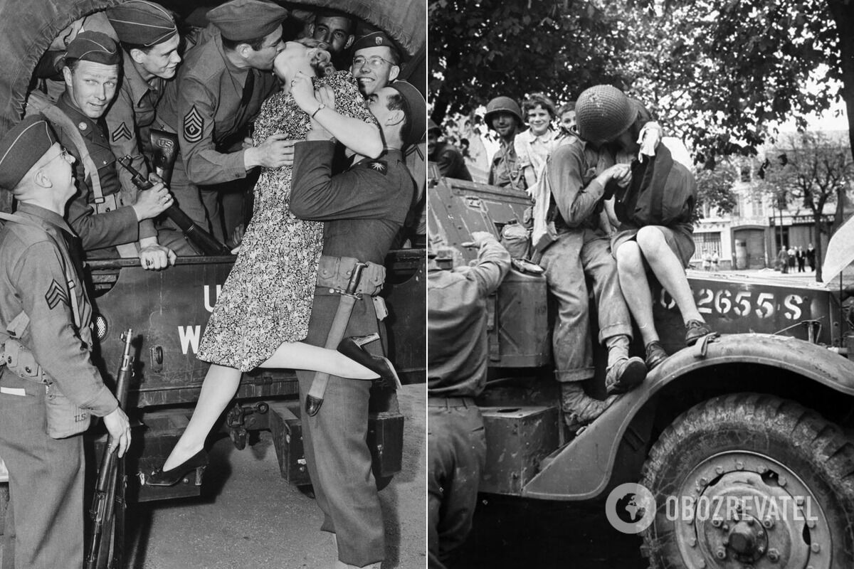 Актриса Марта О'Дрісколл цілує солдата на прощання в Лос-Анджелесі, 1941 рік; американський солдат і французька дівчина, 1944 рік