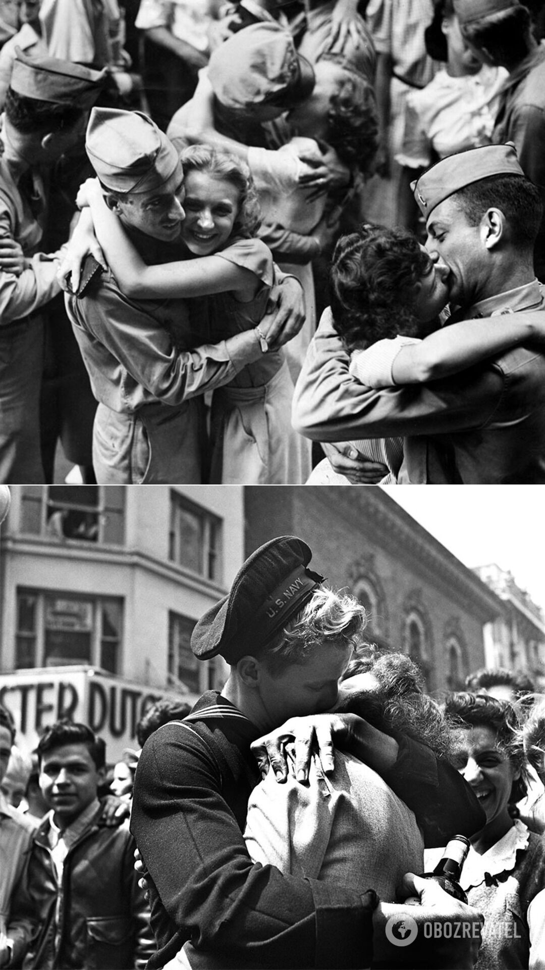 Дівчата обіймають і цілують солдатів, 1945 рік; поцілунок на Таймз-сквер, Нью-Йорк 8 травня 1945 року