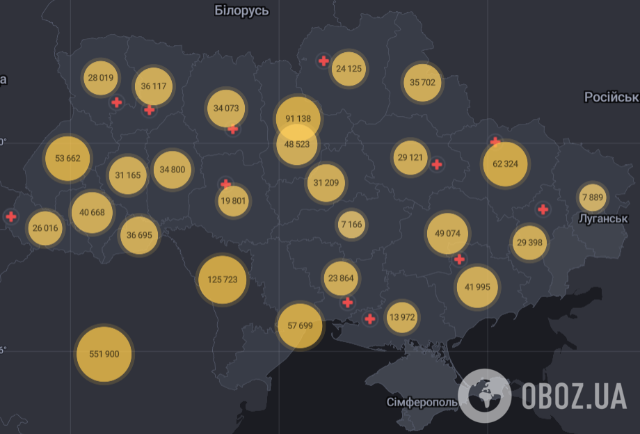 Карта распространения коронавируса по регионам Украины