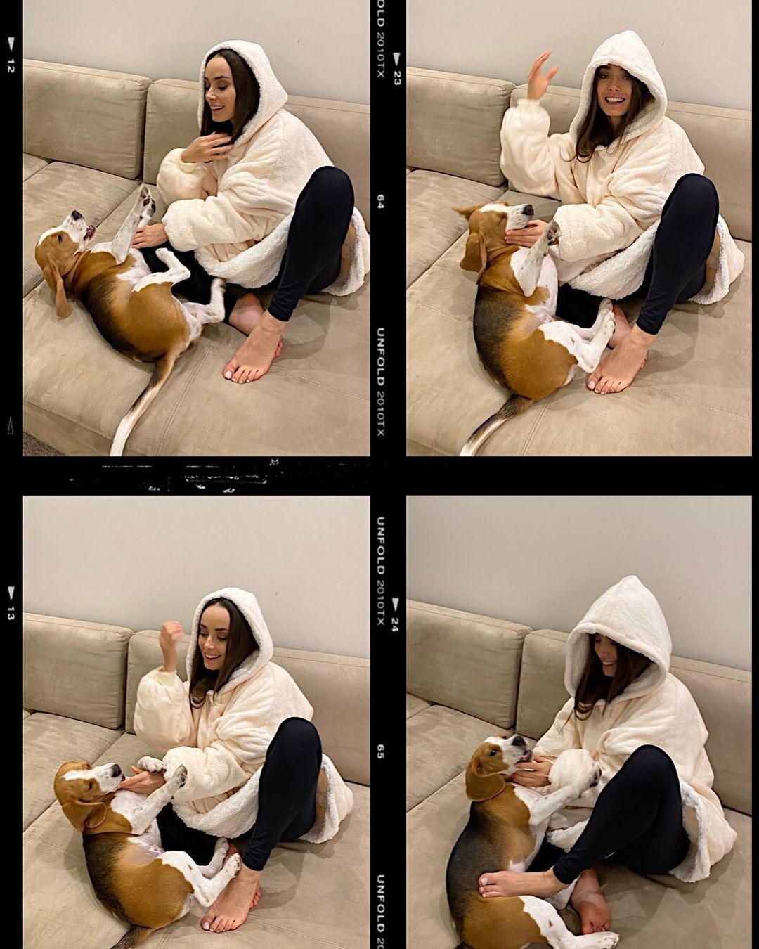 Ксения Мишина играет с собакой на диване