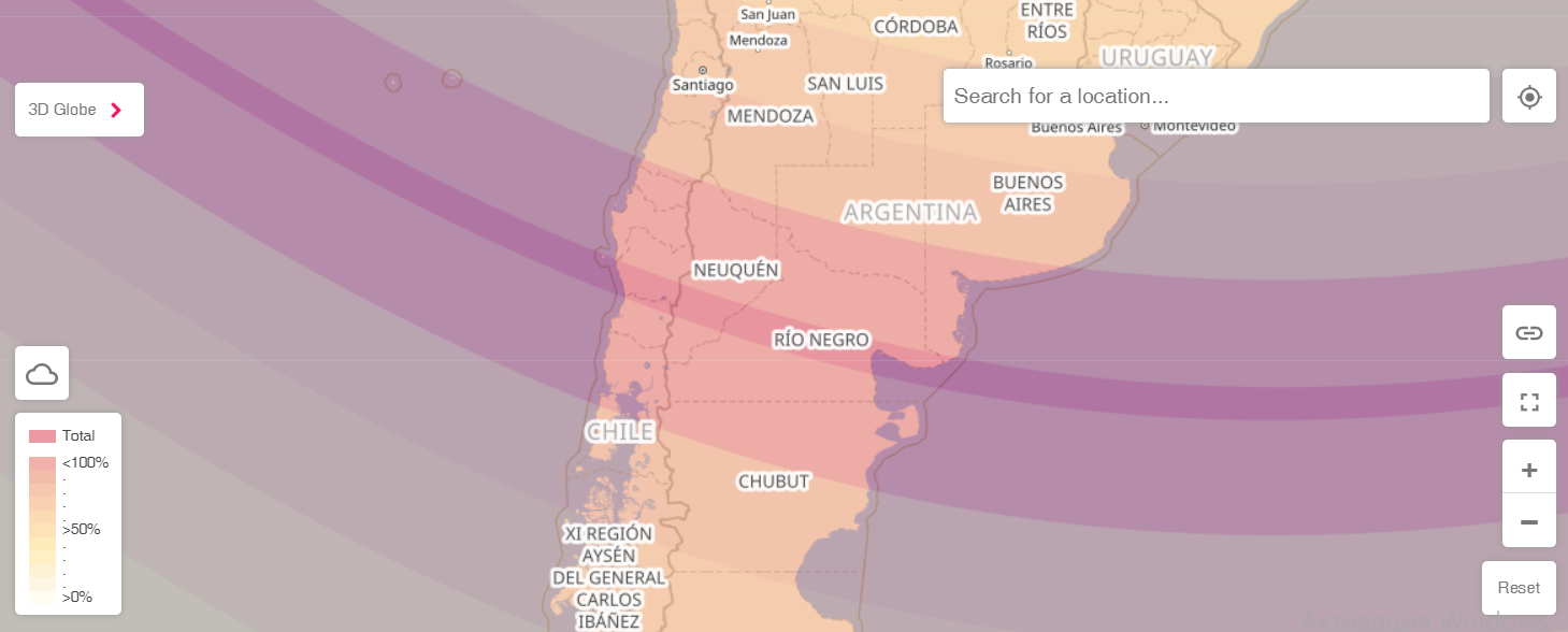 Карта повного затемнення Сонця 14 грудня 2020 року