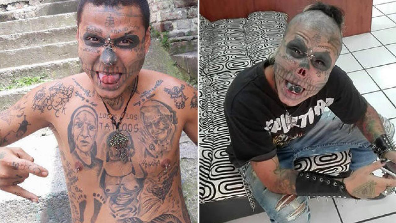 Татуировщик Kalaca Skull "забил" свое тело тату и отрезал нос и уши