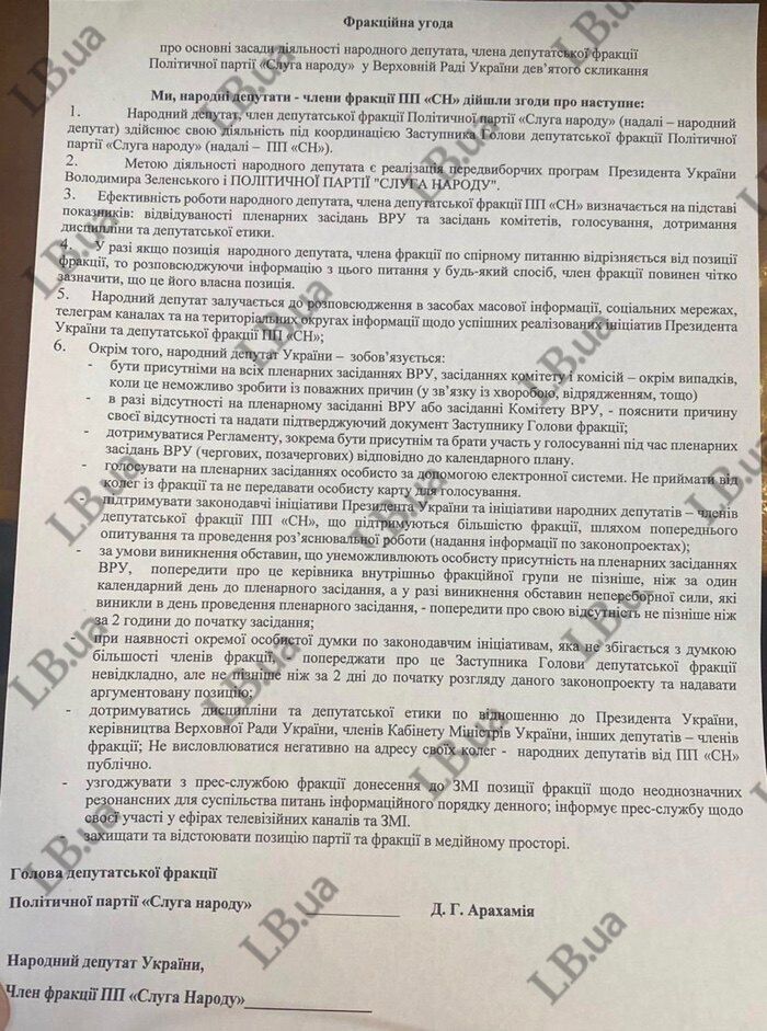 Фракционное соглашение "Слуги народа".