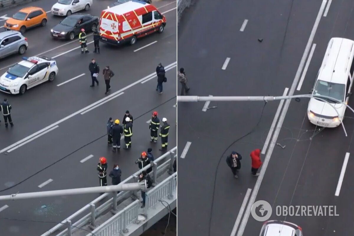 Три столба почти одновременно упали на Шулявском мосту в Киеве 15 декабря
