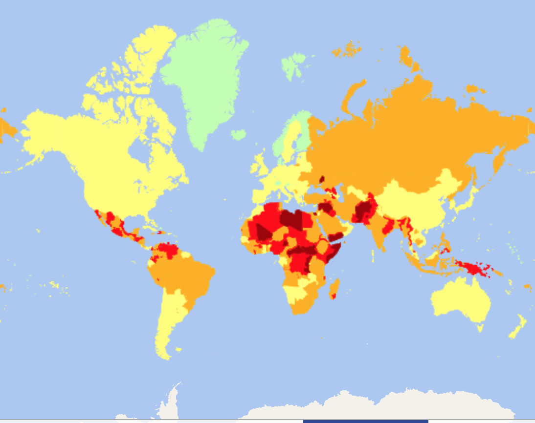 Карта мира с указанным уровнем безопасности для туристов.