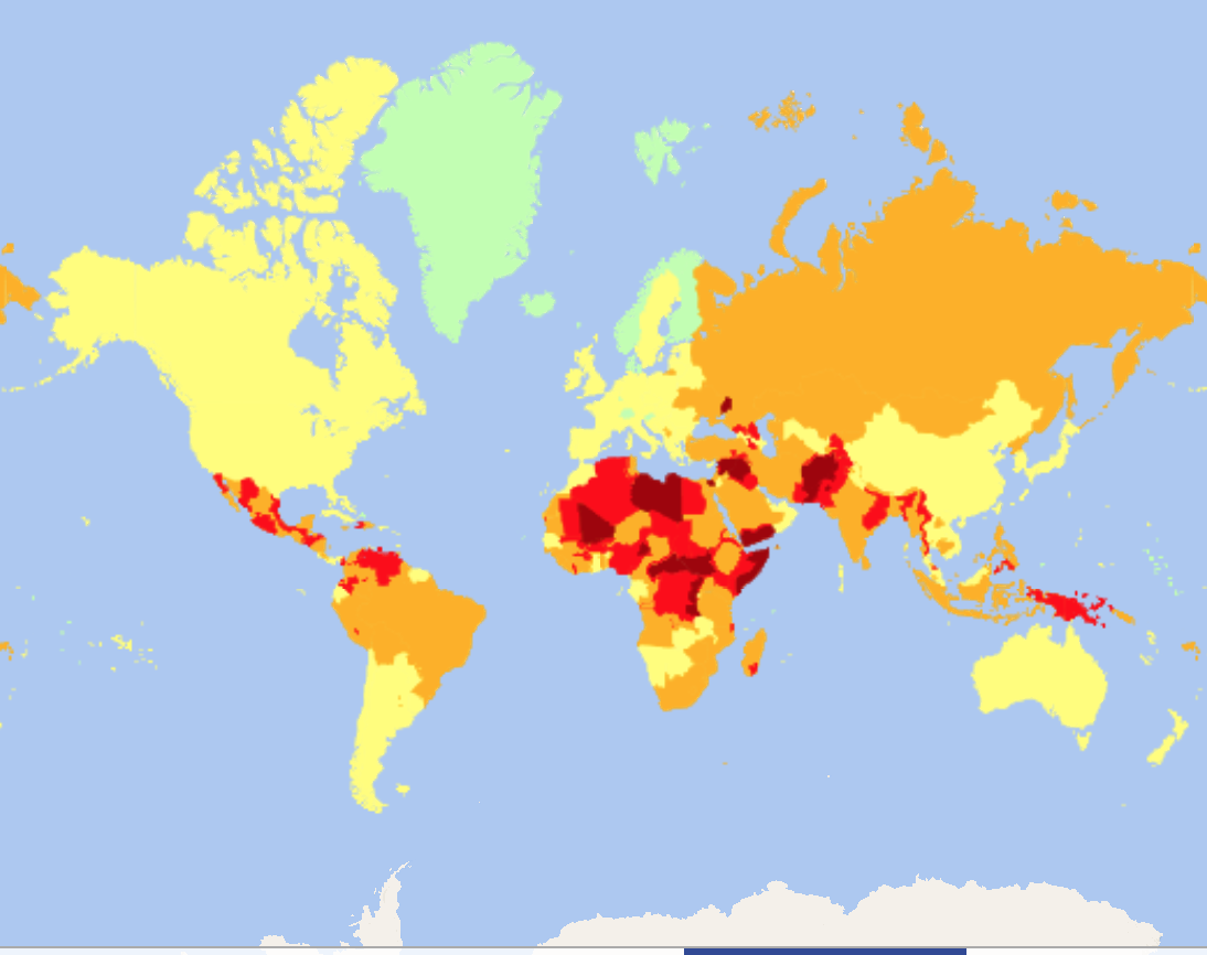 Карта світу з вказаним рівнем безпеки для туристів.
