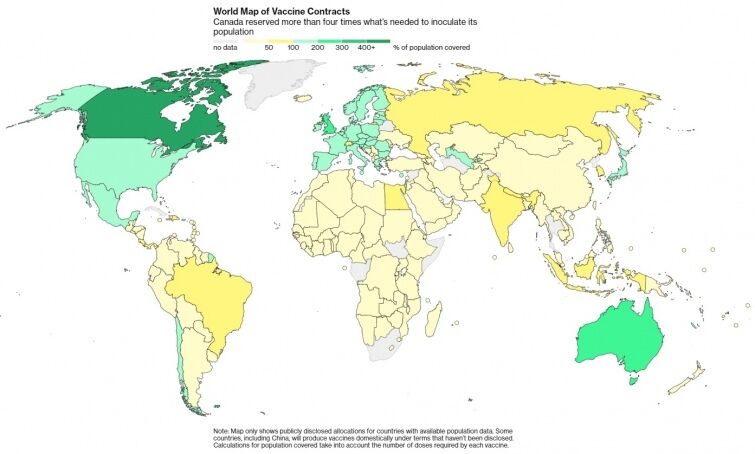 Светло-желтые страны заказали наименьшее количество вакцин относительно населения