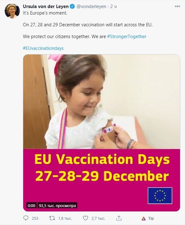 Масова вакцинація від COVID-19 у ЄС розпочнеться 27 грудня