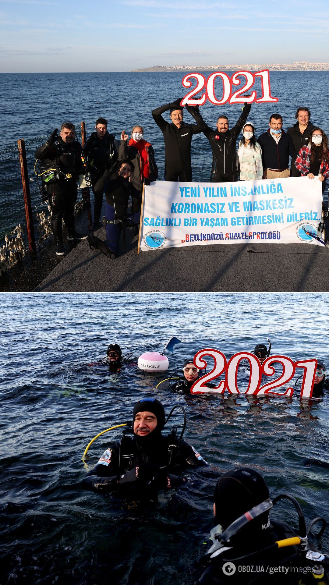 Дайверы готовятся к погружению под воду с пляжа Гурпинар в Стамбуле, 31 декабря 2020 года