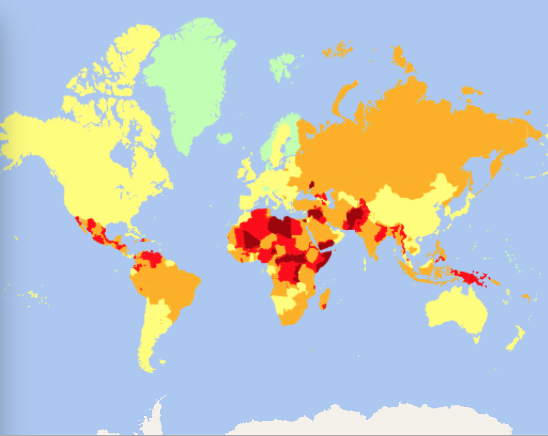 Карта мира с указанным уровнем безопасности для туристов