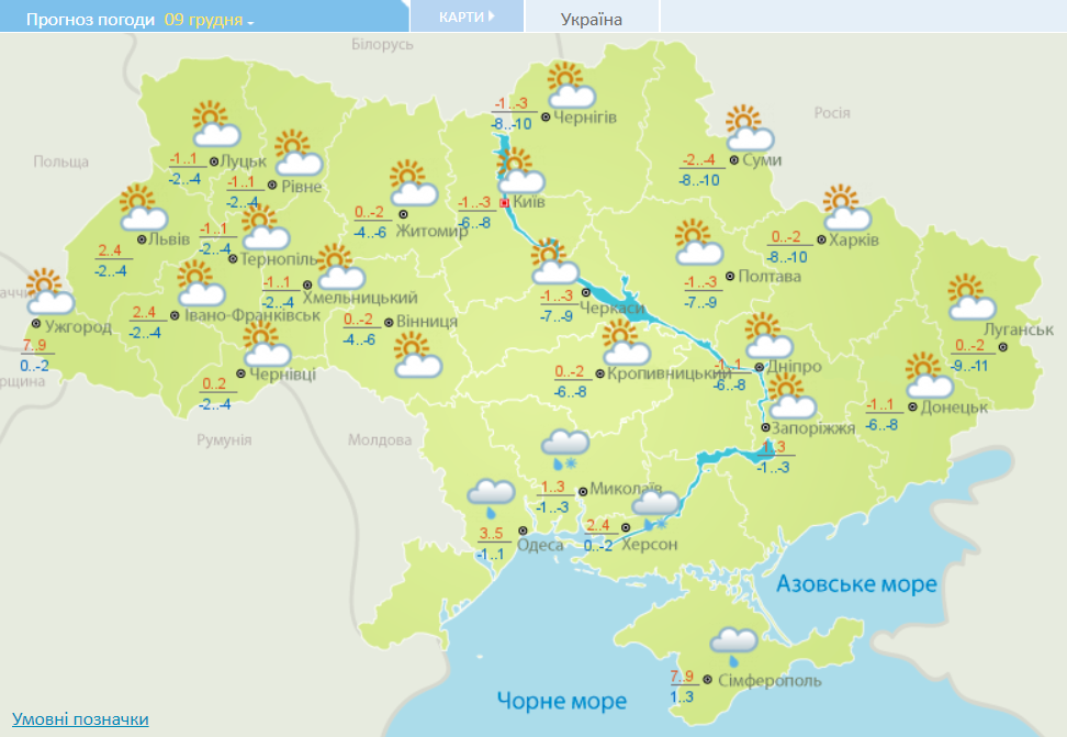 Погода в Україні 9 грудня