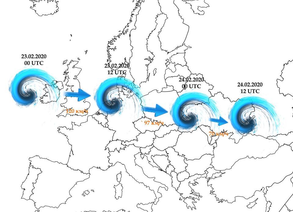 Траектория и скорость смещения циклона в течение 23-24 февраля