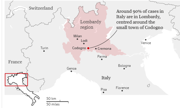 Охваченные коронавирусы регионы Италии