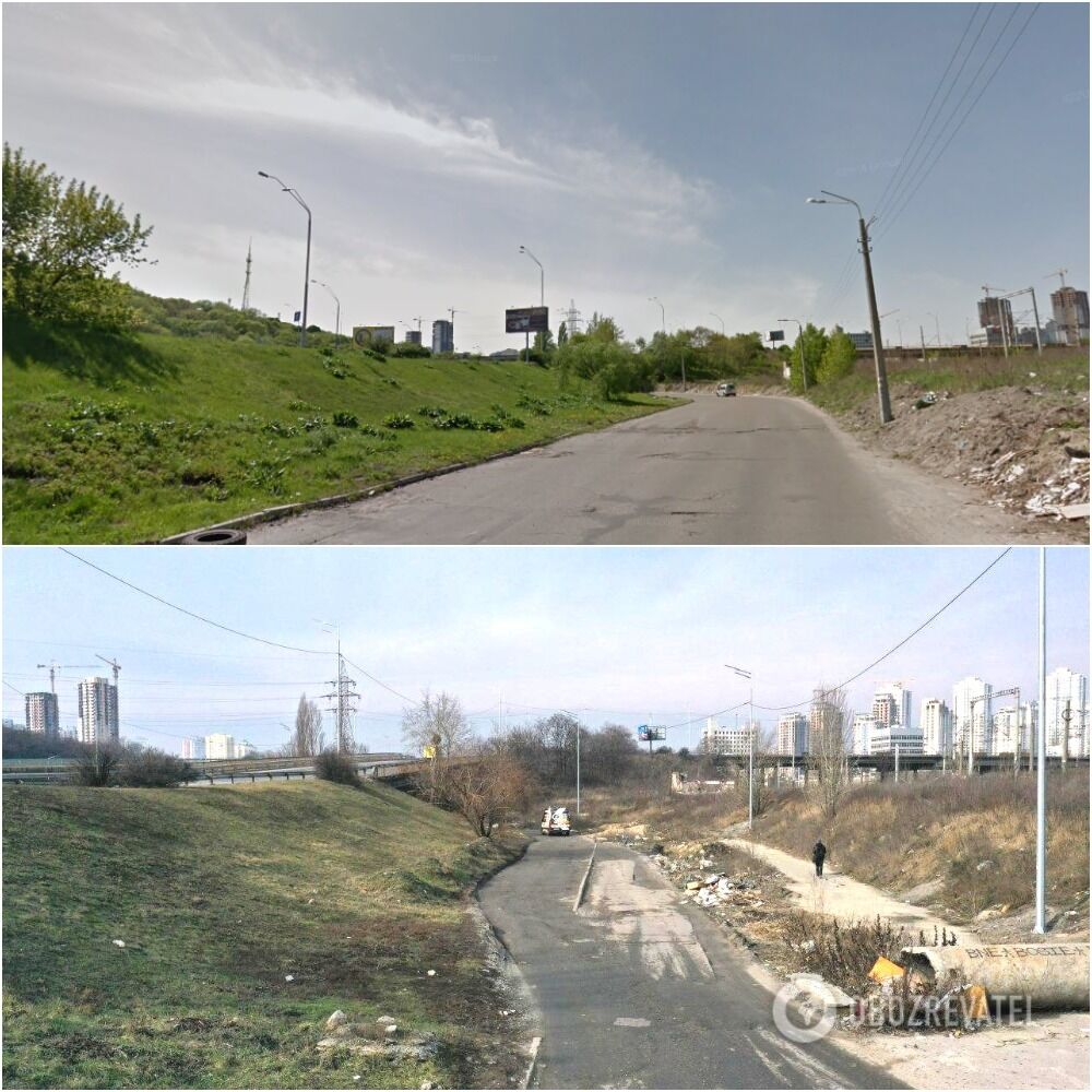 З'їзд на вулиці Саперно-Слобідській у 2015 році і у 2020-му (знизу)