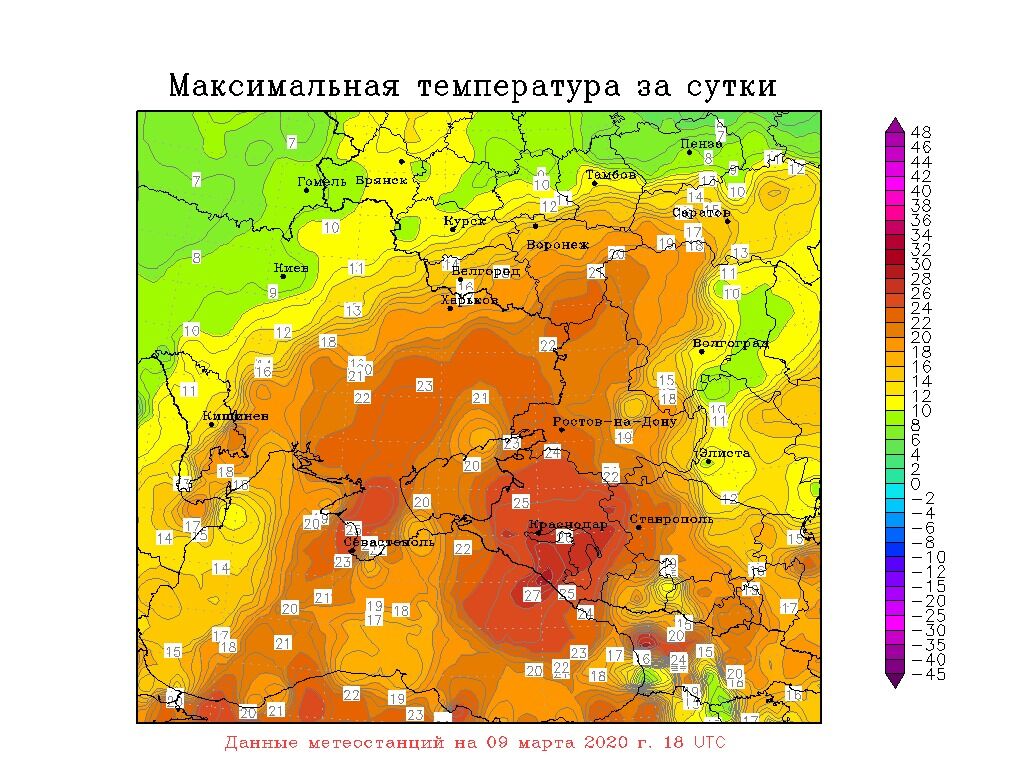 Распределение максимальных температур воздуха в Украине 9 марта