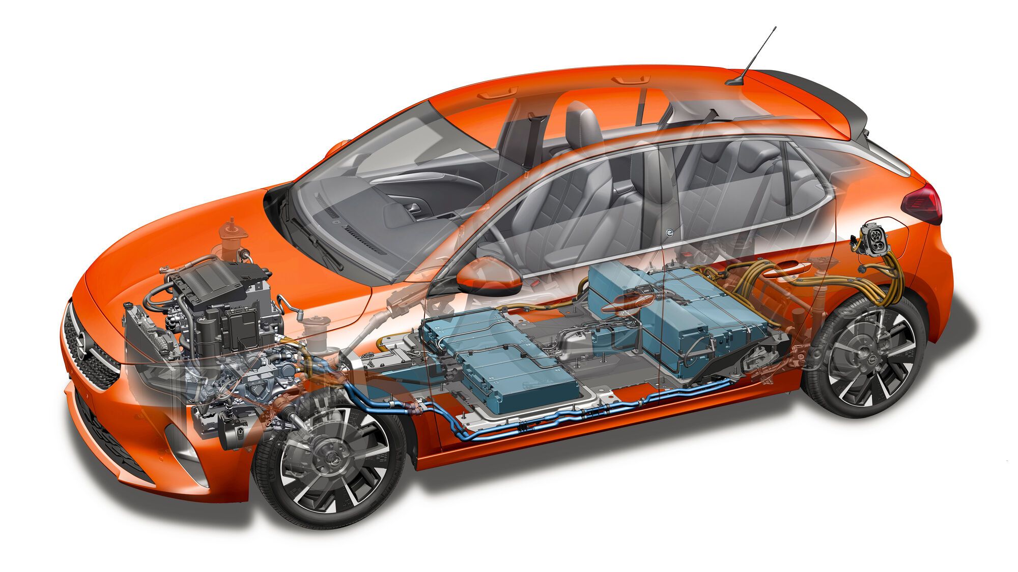Блоки літій-іонної батареї ємністю 50 кВтг розташовані під підлогою салону Opel Corsa-e. Заявлений пробіг на одній зарядці - 330 км по циклу WLTP