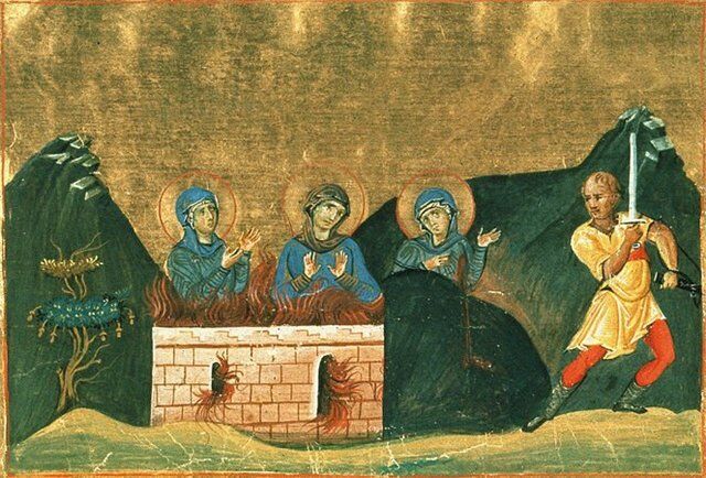 Мучеництво святих Агапії, Ірини та Хіонії. Мініатюра Мінологія Василя II, 979-989 роки