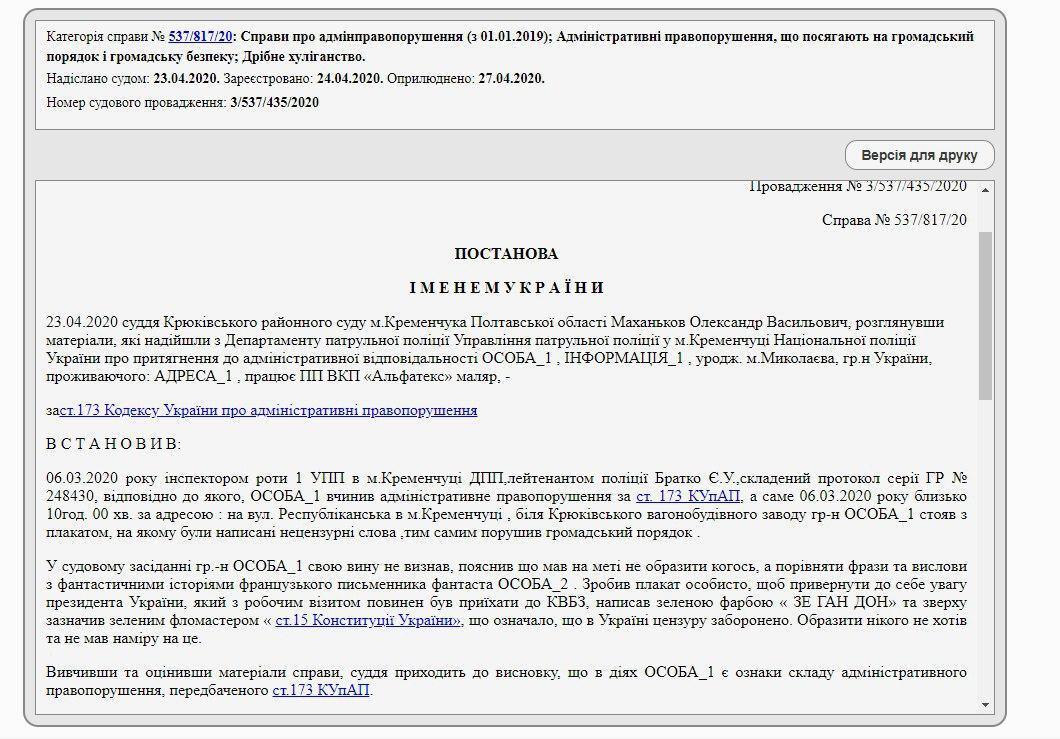 Украинца оштрафовали за оскорбление Зеленского на 51 грн