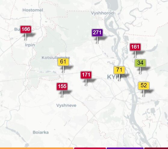 Состояние загрязнения воздуха в районах Киева и прилегающих территориях утром 5 апреля