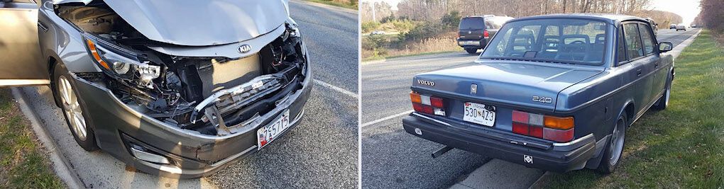 Авария с участием Volvo 240 и Kia Optima. Дело было ещё в 2018-м