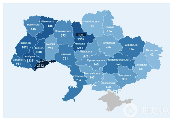 Общая статистика больных COVID-1 по регионам Украины