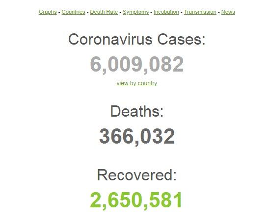 Кількість хворих на COVID-19 у світі перевищила 6 мільйонів людей