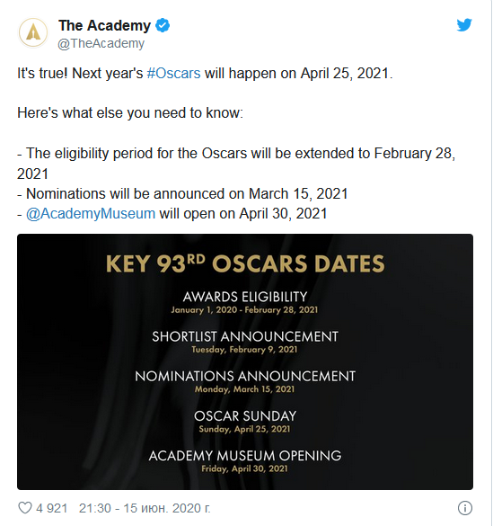 "Оскар-2021" перенесли из-за коронавируса: названа новая дата