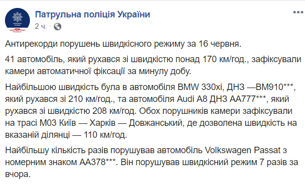 Камери МВС зафіксували 41 порушника за добу: названий антирекорд швидкості