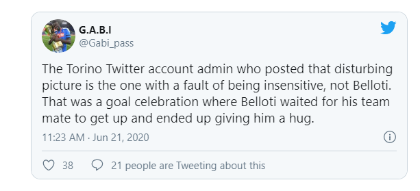 "Єдиний, хто допустив помилку, – це сммщік "Торіно", який запостив фотку, а не Белотті. Це було святкування гола, і Белотті чекав, поки партнер встане і закінчить акцію, щоб обійняти його"