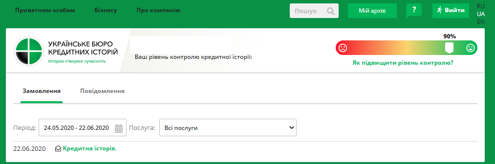 Запросы о кредитной истории и рейтинге хранятся в архиве вашего профиля на УБКИ