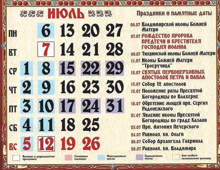 Православний календар на липень 2020 року