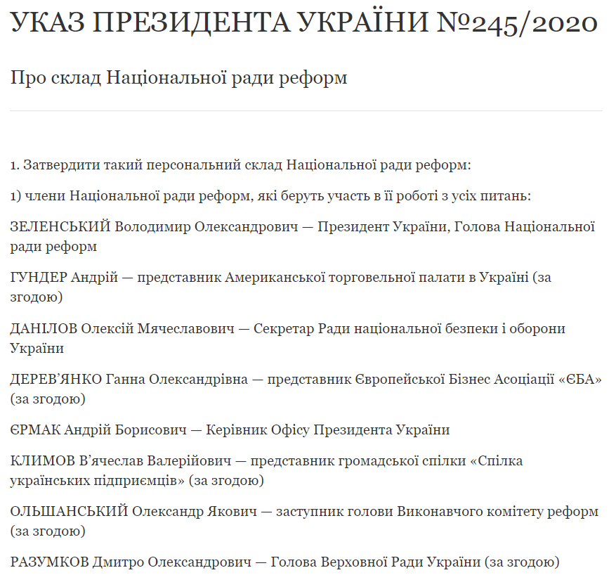 Зеленский утвердил персональный состав Национального совета реформ