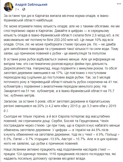 Глава лісагентства України розповів про причини повеней на Західній Україні