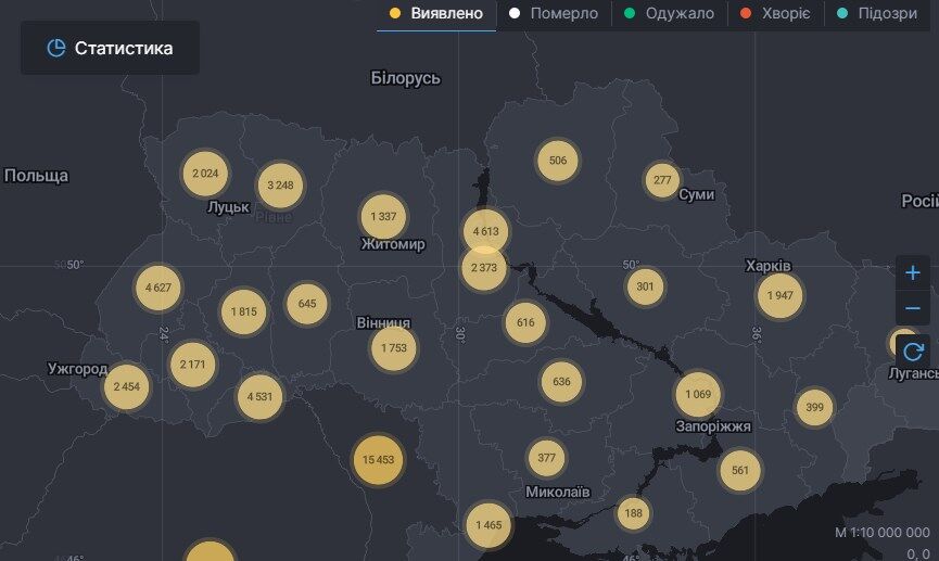 Карта распространения вируса в Украине