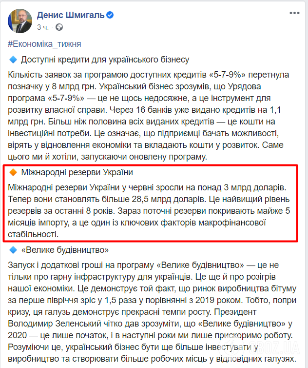 Международные резервы Украины выросли более чем на $3 млрд, – Шмыгаль