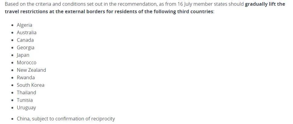 Список стран, с которыми рекомендовано снять ограничения на поездки в ЕС